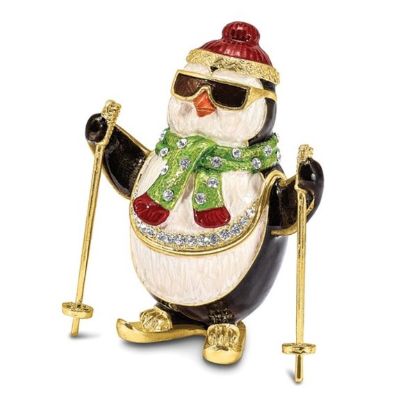 Luxury Pewter Bejeweled Crystals Enameled KOOLIO Skiing Penguin Trinket Box - Picture 5 of 6
